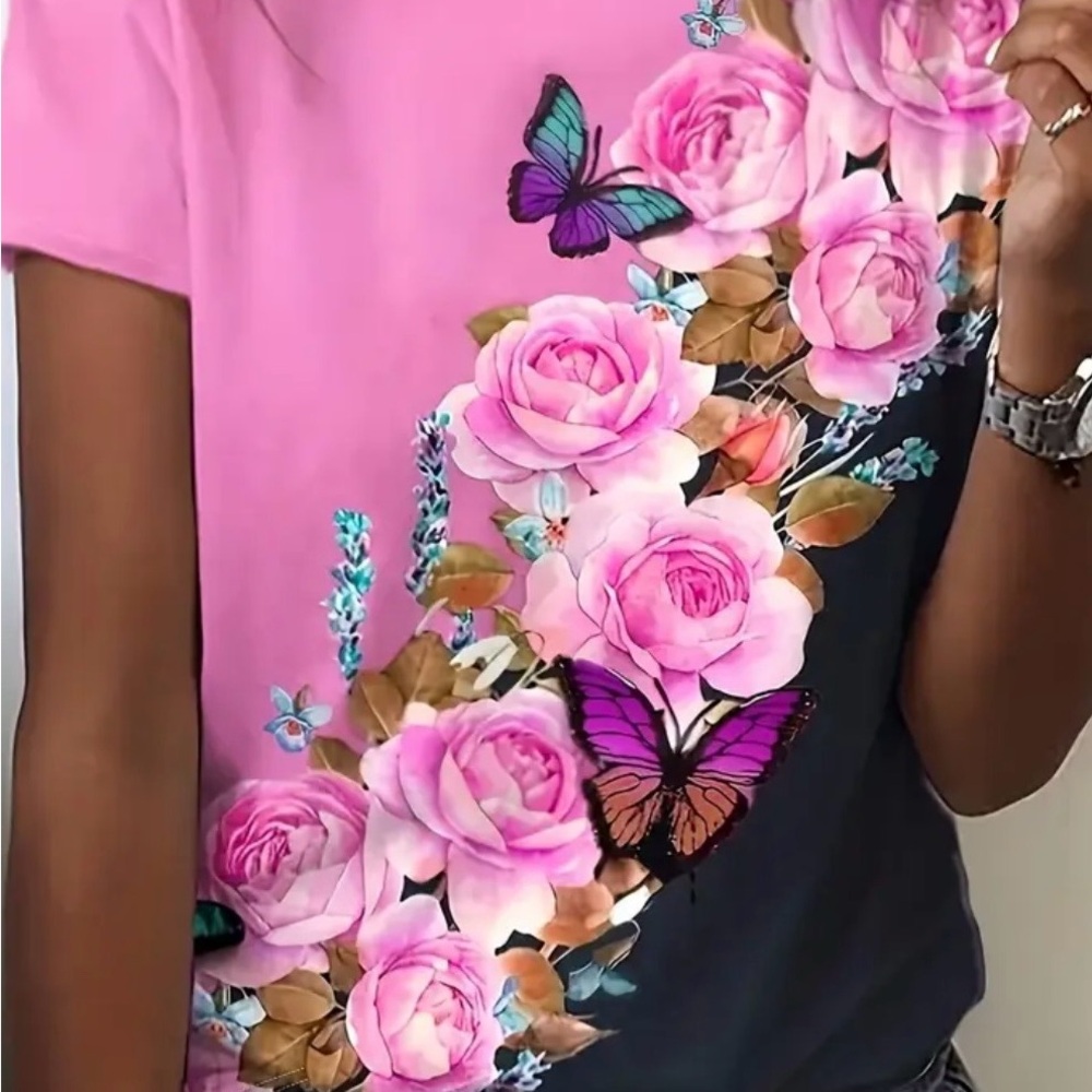 Women's Pink & Black Floral Butterfly Colorblock Tee - Picture 1 of 4
